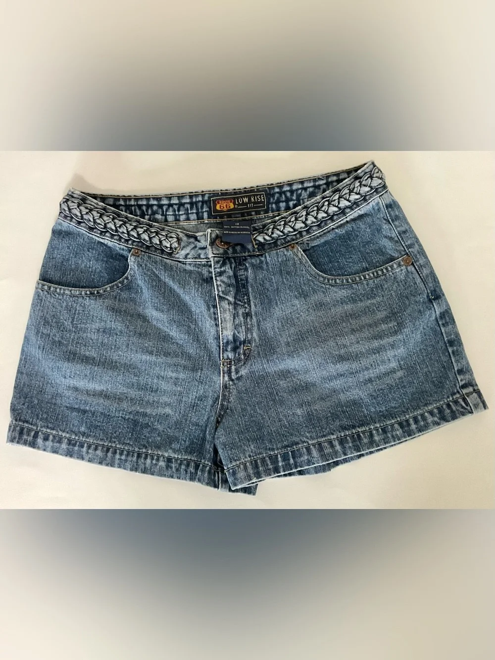 Blue Denim Midi Shorts with Braided Waistband